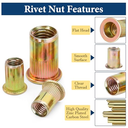 Image of Metric Rivet Nut Assortment Kit(230 Pcs), M3 M4 M5 M6 M8 M10 M12 Flat Head Rivnut Set,Zinc Plated Finish Carbon Steel Nutsert