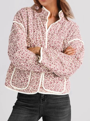 Tankaneo Womens Quilted Lightweight Jackets Floral Print Winter Coats Open Front Cardigan with Pockets4