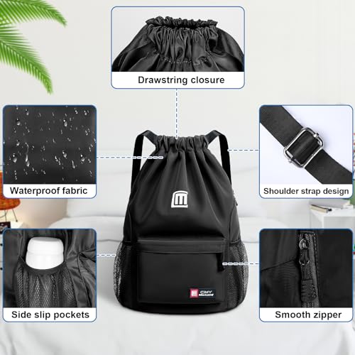 Tesmien Drawstring Bags,Waterproof Swimming Bags Unisex Sports Backpacks for Kids Adult Large Drawstring Sackpacks Bags for School Gym Sports Travel Swimming-Black - Image 2
