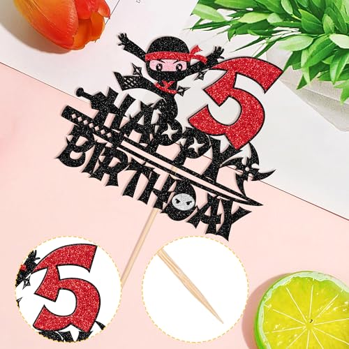 1 PCS Ninja Happy 5th Birthday Cake Topper Black Glitter Five Years Old Birthday Cake Pick Martial Arts Kung Fu Warriors Cake Decoration for Ninja Theme Fifth Birthday Party Decorations Supplies