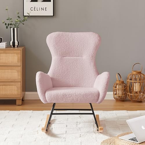 Image of oaaktu Nursery Rocking Chair,Upholstered Glider Rocker with High Backrest for Living Rooms, Bedrooms, Offices (Pink Teddy)
