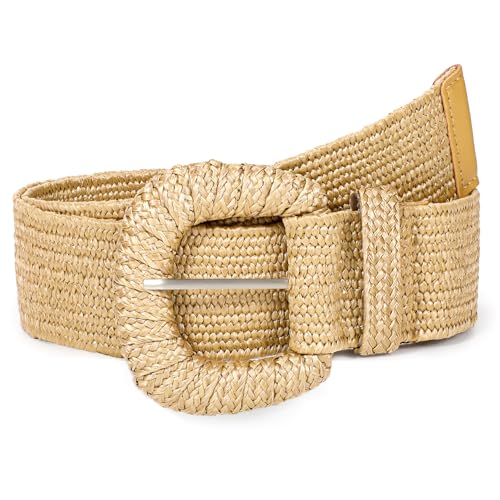 Straw Woven Elastic Belt for Women Stretchy Belts for Dress Fashion Boho Waist Belt Rattan Raffia Ladies Belts
