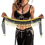 Prasacco Damen Bauchtanz Hüfttuch, 1 Stück Chiffon Bauchtanz Gürtel 160 x 15 cm Gürtel Röcke mit Münze und Pailletten für Partys, Feiern, Tänze, Bühnenauftritte(Schwarz)