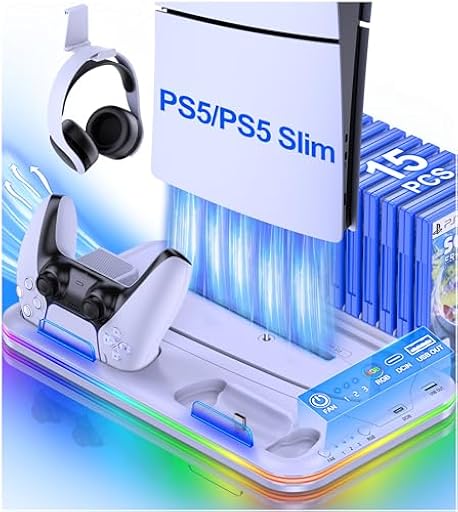 HELLCOOL Soporte para PS5/PS5 Slim,Soporte con Ventilador Refrigeración/Luces RGB/Mandos de Recarga Doble/Gancho para Auriculares/15 Ranuras de Juego, Base para PS5 Disco/Digital Edición | Ya disponible en tu tienda friki favorita! En mundofriki.es!