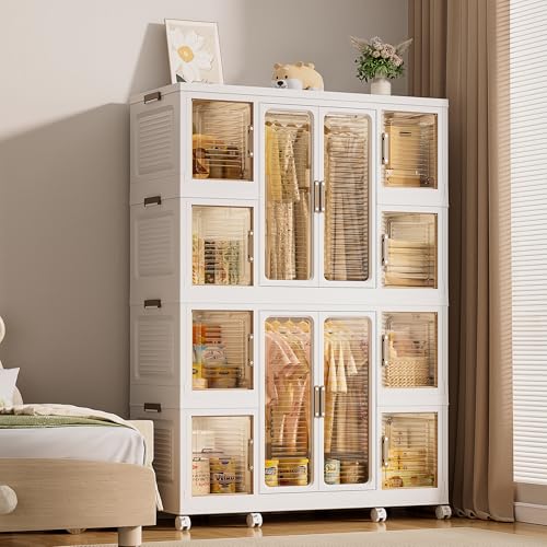 Image of Leavader Portable Wardrobe Closet Organizer, Large Kids Closet with Magnetic Doors and Wheels, Collapsible Plastic Baby Wardrobe Storage Cabinet (8 Cubes & 2 Hanging Rod, 16 PCS Hangers)