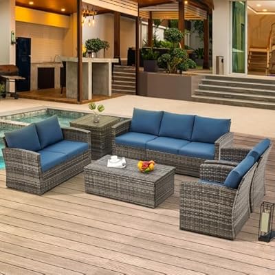 U-MAX 7 PCS Outdoor Patio Furniture Sets w/Two Storage Boxes, Outdoor Conversation Set PE Wicker Sectional Sofa Patio Sofa for Garden, Deck, Grey Rattan& Blue Cushions