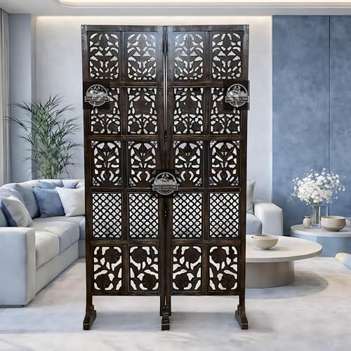 Image of Wooden Room Divider Screen, Carved,Decorative Handcrafted Privacy Screen Separator Wall Divider | Folding Partition with Floral & Jaali Design (Brown, 2 Panel)