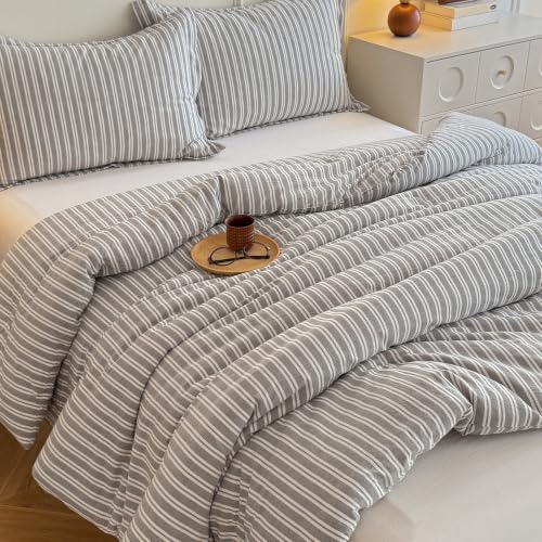 Image of Cyusri Cotton Stripe Full Comforter Set - Soft Lightweight Bedding 3 Pieces Dyed Bed Set with 2 Pillow Shams,Reversible All Season Farmhouse Down Alternative(Full Size 80 inchx90 inch Grey White)