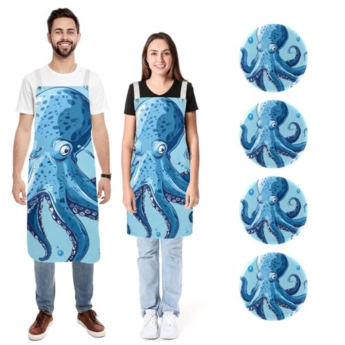 Tablier de cuisine en lin pieuvre anti-taches ajustable avec poches