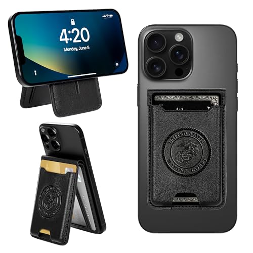 USMC Wallet with Kickstand for MagSafe – Black Leather Slim Card Holder with Embossed United States Marine Corps Logo | Marine Corps Gift – Compatible with iPhone USMC Wallet
