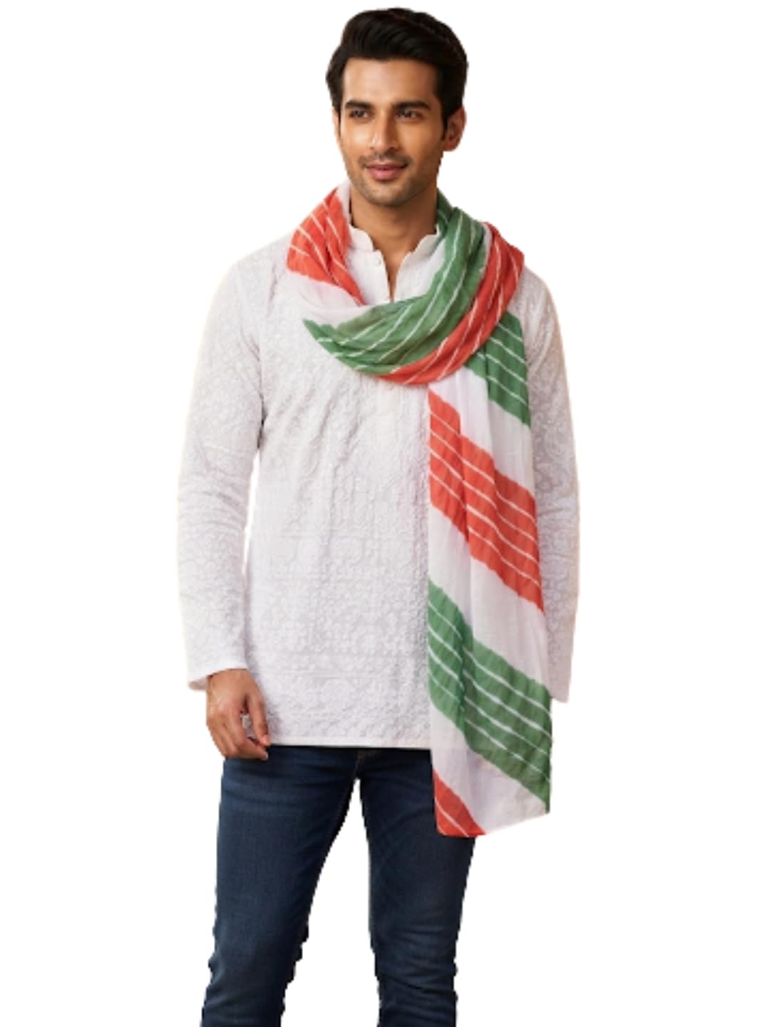 Men's Poly Chiffon Tricolour Dupatta | Leheriya Dyed Tasselled Ethnic Stole | Lightweight Patriotic Dupatta for Independence Day, Republic Day and Cultural Events (Design 3)-image-42