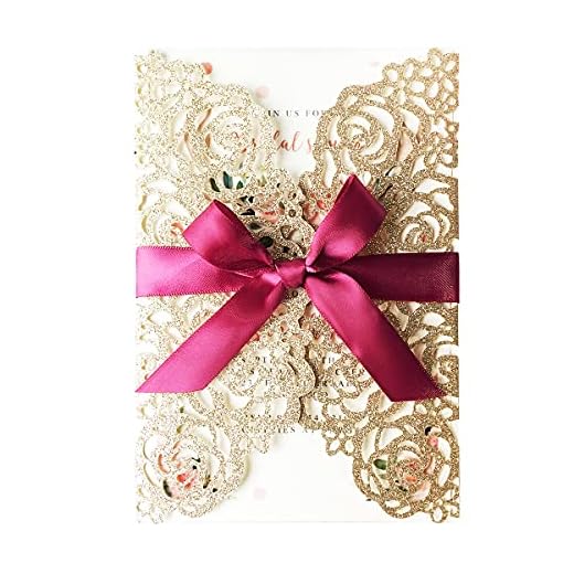KUCHYNEE 50PCS 5 x 7.3'' Gold Wedding Invitations Cards with Burgundy Bowknot Laser Cut Hollow Rose Flowers Wedding Invitation for Bridal Shower Engagement Wedding Invite (Gold Glitter)