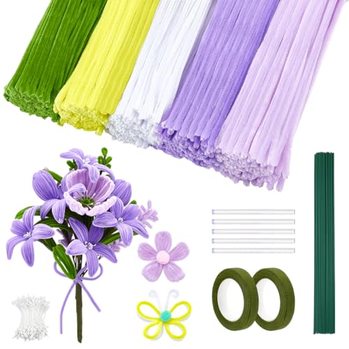 Peacoblue 500 Stück Bunte Bastel-Rohrreiniger Blumen-Set für Mohnstrauß, Chenille-Stiele DIY Blumenbastelset für Heimdekoration, Geburtstage, Muttertag, Jubiläen, Abschlussfeiern