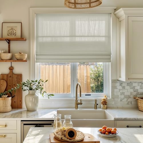 Image of TWOPAGES Isabella No Drill Cordless Roman Shade Linen Textured Cotton Roman Blind for Windows, Custom Made Room Darkening Blackout Roman Window Shade, Hardware Included, Bone White, 1 Piece
