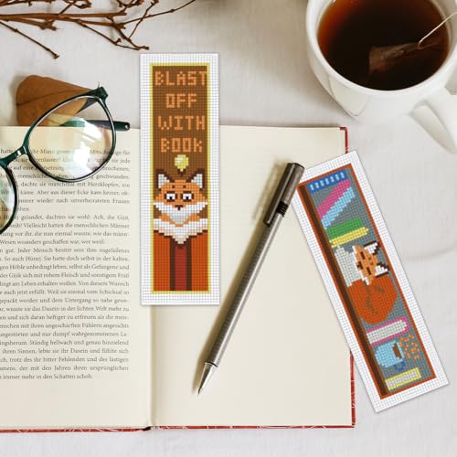 Image of INFUNLY 6 Set Fox Reading Cross Stitch Bookmark Kit DIY Cross Stitch Kit 8 inchx2.4 inch Pre-Printed Books Stamped Embroidery Bookmark with Instructions for Beginners Book Lovers Gifts