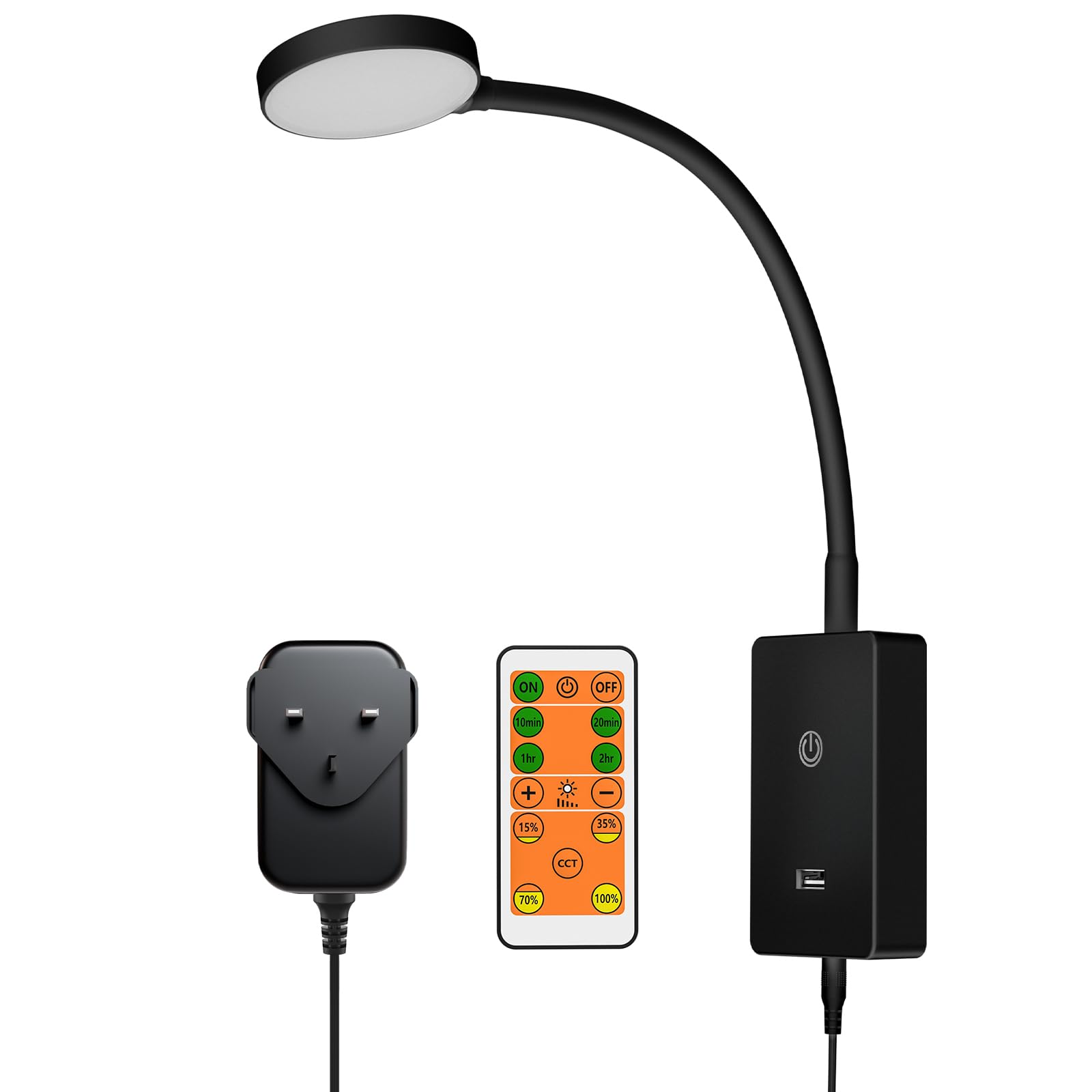 PRINCEWAY LED Wall Mount Reading Light with Remote Control, Touch Lamp Book Light for Reading in Bed, 5V 2A USB Output, Adjustable CCT (3000K-4000K-5000K), Stepless Dimming and 4 Gear Dimming (Black)