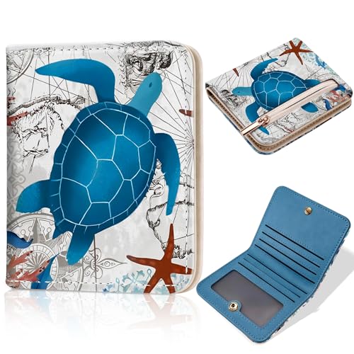Image of Toughergun Sea Turtle RFID Small Wallet Women, Slim Thin Vegan Leather Bifold Wallet with Zipper Coin Pocket & ID Window, Cute Mini Credit Card Holder Gift for Women Ladies Teen Girls