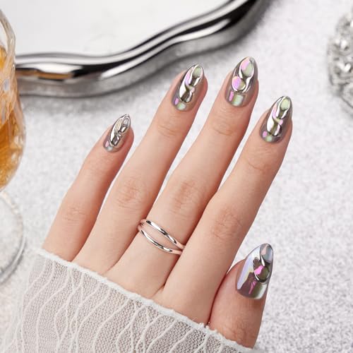 VSALON Press on Nails Short Almond - Chrome Silver Cat Eye 3D Swirl Design Fake Nails Kit for Women, Reusable Salon Quality Spring Summer Glue on Nails - 32 PCS Stick on Nails in 16 Sizes with Glue