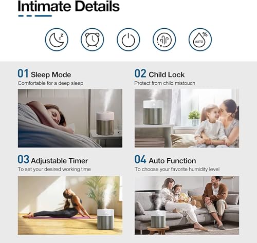 RIMOO Stainless Steel Humidifier, 4.5L Easy to Clean Humidifier with 304 Stainless Steel Tank, Cool Mist Humidifiers for Bedroom with Smart Humidistat & Timer, 25dB Sleep Mode for Baby, Plants, White - Image 6