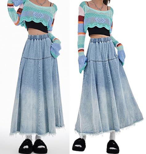 CHARTOU Women Pleated Maxi Denim Skirt Long Jean Skirt Gradient Frayed Distressed Denim Ruffle A Line Skirt4