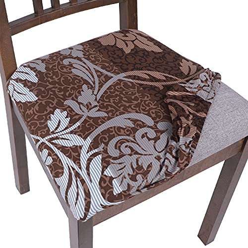 Image of SearchI Seat Covers for Dining Room Chairs Stretch Printed Chair Seat Covers Set of 6, Removable Washable Upholstered Chair Seat Protector Cushion Slipcovers for Kitchen, Office(Brown+Flower)