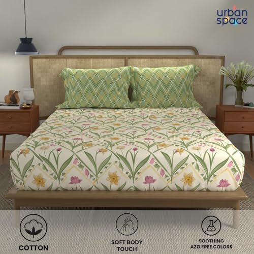 Image of Urban Space 144 TC Divine 100% Cotton Bedsheet for King Bed, Cotton Bedsheet with 2 Pillow Covers (Size 108 x 108 inches, Spring Sage Green, King Size)