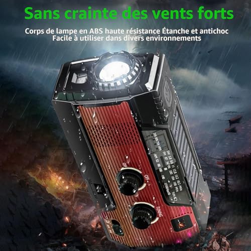 SOLARBABY La radio d'urgence solaire avec manivelle dispose d'une lampe de poche LED, d'une alarme SOS, d'une radio météo AM/FM et d'une batterie de 4000 mAh pour l'alimentation de secours des(Rouge) – vue 4