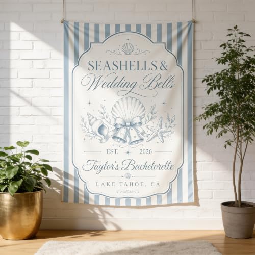 Personalized Seashells and Wedding Bells Bachelorette Banner Backdrop Custom Name Bride To Be Destination Coastal Beach Bach Party Photo Backdrop Bridal Shower Hen Party Girls Night Decor Sign Art