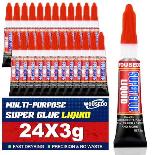 Image of WOUSEDO 24 X 3g Super Glue Liquid, Clear Strong Adhesive,Fast Drying Cyanoacrylate Glue for Wood, Rubber, Leather, Hard Plastic, Metal, DIY Crafts and More