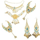 orientalischer schmuck zürich Bauchtanz-Kostüm-Münzen-Quasten Schmuck-Set (1 Halskette, 1 Paar Ohrringe, 1 Kopfbedeckung und 2 Palme Ring)