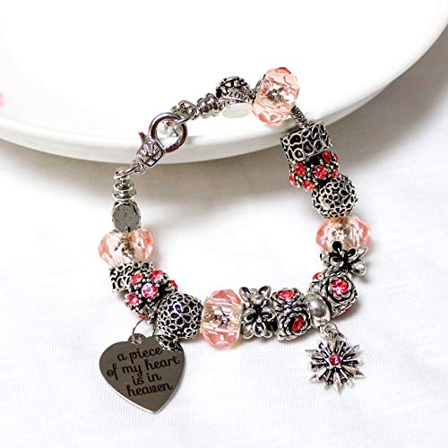 Uloveido Silver Tone Love Snake Chain Pink Crystal Beaded Charm Bracelet With Extender A Piece Of My Heart Is In Heaven Memorial Jewelry Y807 (Pink) #TOP4
