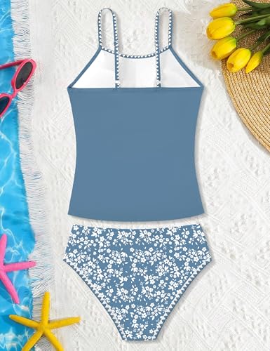 Image of Girls Swimsuit Solid Color Tankini Contrast Trim Swimwear 2 Piece Bathing Suit Padded Swimsuits for Teens 9-16Y