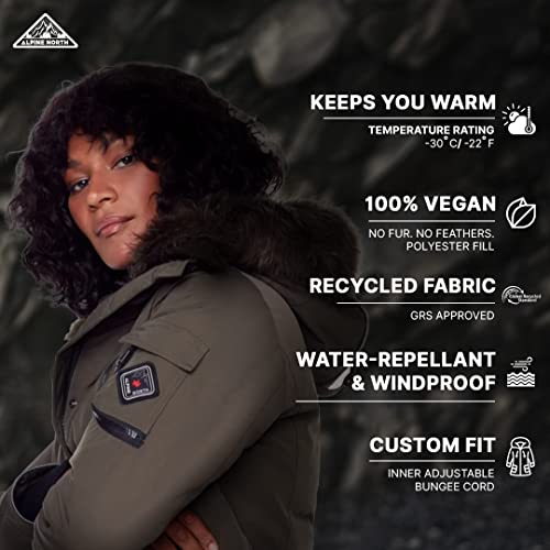 ALPINE NORTH Women’s Navy Vegan Down Long Parka Jacket - Water Repellent, Windproof, Warm Insulated Winter Coat with Faux Fur Hood,Olive, Medium