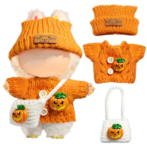 Clothes for LABUBU Doll (NO Doll) 3-Piece Handcrafted Crochet Accessories for LABUBU 17cm Dolls Premium Fashion Outfit for LABUBU Dress Up - Pumpkin Sweater + Hat + Bag