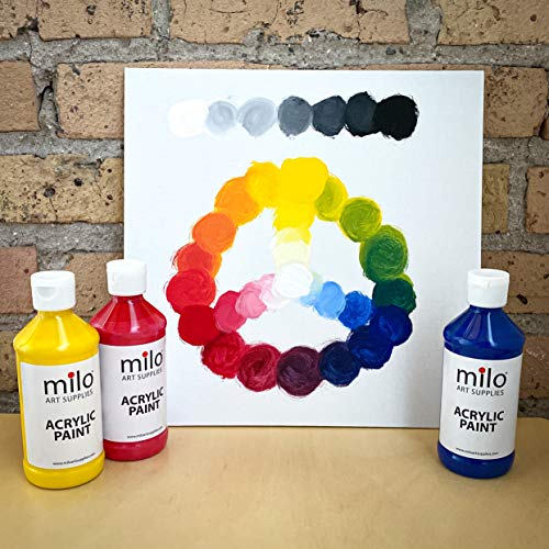 Image of milo Acrylic Paint Set, 8 Primary Colors, 8 oz Bottles, Semi-Gloss | Safe, Non-Toxic, Made in the USA, Arts & Crafts Paints for Artists, Student & Hobby Painters, Paint Pack, Classroom, Bulk