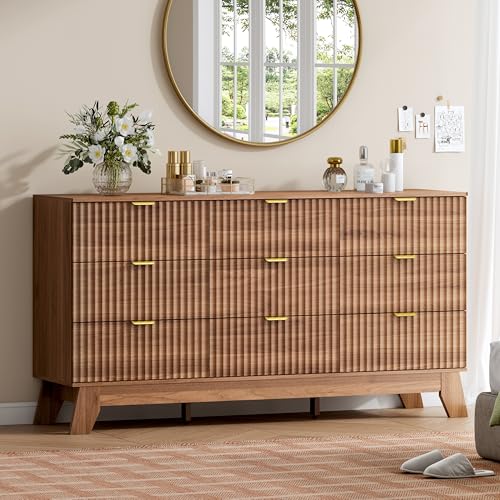 Image of Wodeer 9 Drawer Fluted Dresser for Bedroom, Mid Century Modern Wooden Dresser with 9 Drawers, Dressers & Chests of Drawers with Metal Handle, TV Stand & Storage Organizer for Entryway, Hallway, Walnut
