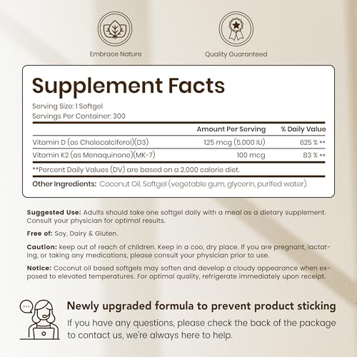 VEV Corefeel Vitamin D3 K2, 5000 IU D3 100mcg K2 (MK 7), 300 Softgels, 2-in-1 Vitamin D & K Supplement with Coconut Oil, Supports Calcium Absorption and Bone Health, Easy to Swallow