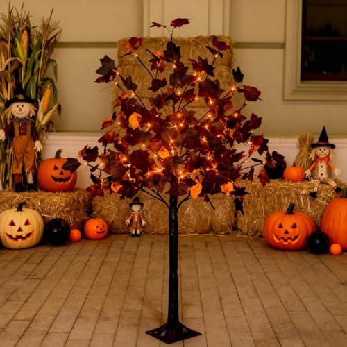 TYBEEU 4ft Black Maple Halloween Tree with LED Skull Lights
