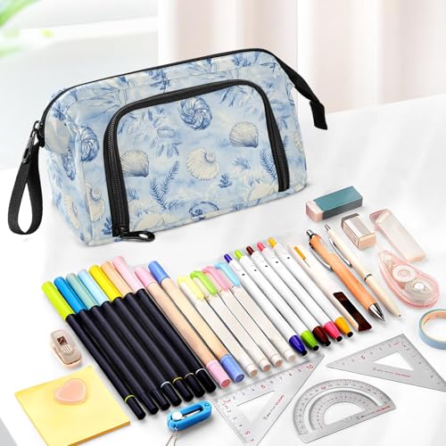 Image of Big Capacity Pencil Pen Case for Adults, Ocean Seashell Pencil Bags Portable Makeup Bag Stationery Storage for College Office
