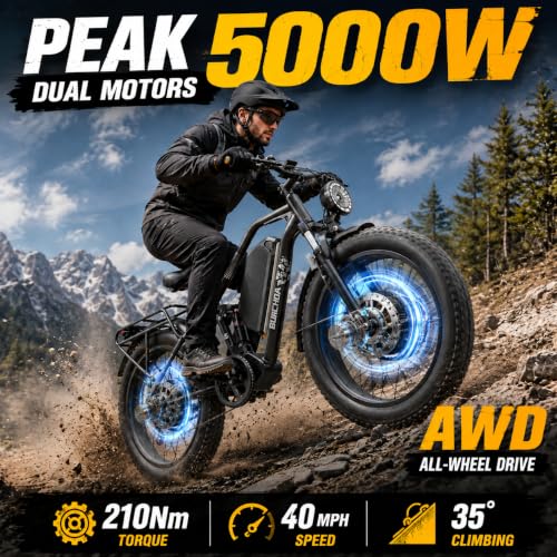 DAMSON Y3 5000W Dual Motor Electric Bike for Adults AWD, 52V 30Ah Battery, 40MPH Electric Bicycle, Up to 90 Mile Range, 26" Fat Tire Mountain Ebike, Full Suspension, Hydraulic Disc Brakes — view 2