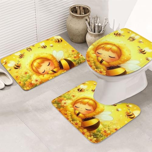 Alfombras de baño de abejas y flores con 3 piezas para inodoro 2