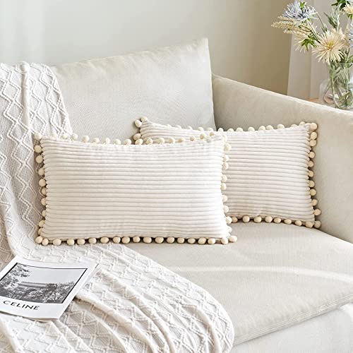 Anroduo Pack Of 2 Throw Pillow Covers With Pom-Poms Corduroy Cushion Case 12X20 Cute And Soft Boho Throw Pillow Covers Decorative Pillows Covers For Couch Sofa Bed And Living Room Cream #TOP10