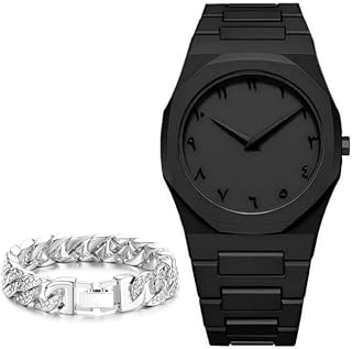 ساعة يد ضد الماء بتصميم أنيق وكلاسيك مناسبة كهدايا للرجال، ساعة بلون أسو بالكامل +سوار هيب هوب للرجال والنساء بحلقات متصلة من فولاذ مقاوم للصدأ، مزينة بأحجار راين شفافة ومطلية بذهب عيار 18 قيراط، فضي