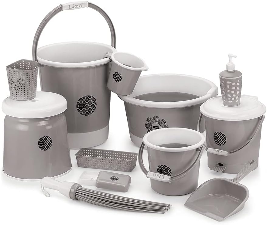 Liza Jumbo Bathroom Set Combo - 12 Pcs. (22ltr Bucket, Big Tub, Big Dustbin, Big Stool, 1.5ltr Mug, Big Soap Case) Plastic Bucket (Grey)