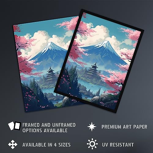 Artery8 UFUBMDJ002160 Japanese Temple On Mount Fuji Lake Painting Green Blue Pink Cherry Blossom Trees Blooming In Tranquil Forest Landscape Unframed Wall Art Print Poster Home Decor Premium thumb #1