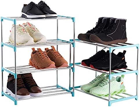 Xerhnan 4-Tier Stackable Small Shoe Rack, Lightweight Shoe Shelf Storage Organizer for Entryway, Hallway and Closet (blue)