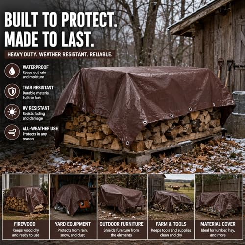 Image of 4 Pack 8 x 10 ft Brown Tarps Heavy Duty 5.5 Mil Waterproof Durable, Water Resistant, Rip & Tear Proof, Reinforced Edges, Multipurpose Firewood, Farm, Camping, Roof, Boat & Emergency Shelter