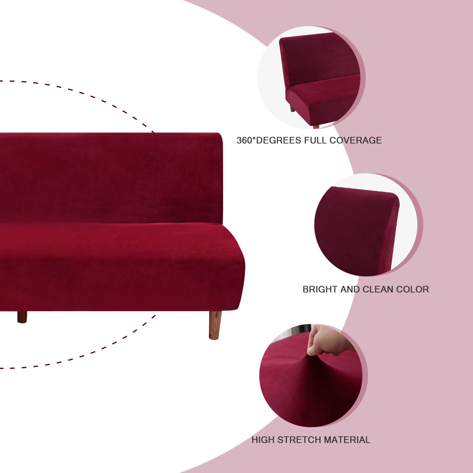 Lydevo Copridivano 3 Posti Senza Braccioli Elasticizzato Universale, Copridivano Letto Pieghevole Clic Clac Lavabile Rimovibile Estraibile, Fodera per Divano Futon per Soggiorno Casa,Samt Vino Rosso