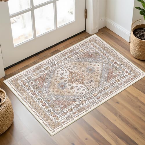 Restydon Entryway Rug - 2x3 Washable Rug Runner for Bathroom, Laundry Room, Kitchen, Soft Vintage Hallway Runner for Bedroom, Non-Slip Door Mat Indoor Entrance(Orange,2'x3')