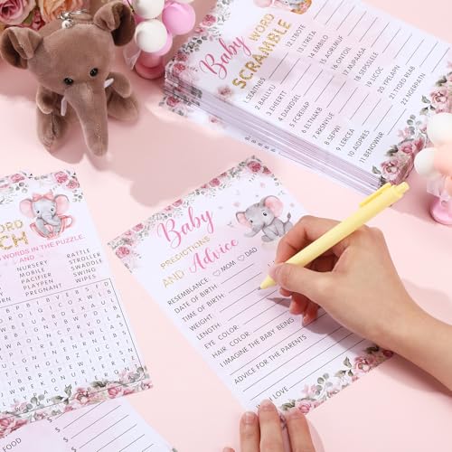 Image of Jetec 302 Pcs Baby Shower Games, 6 Games,50 Sheets Each, Pink Elephant